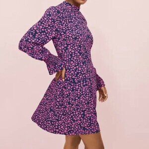 LOFT Long Sleeve Dress Size 12 Navy Pink Hearts Flare Smock Cuff Viscose
